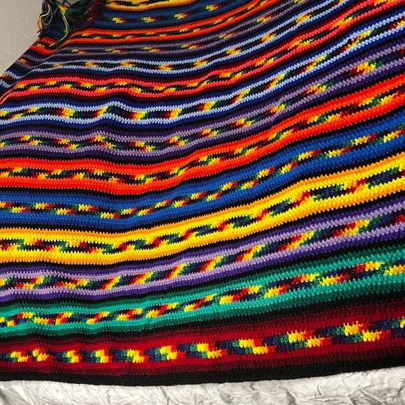 VTG Handmade Crochet Rainbow Striped Blanket Vibrant Multicolor 70x100in - Picture 7 of 16